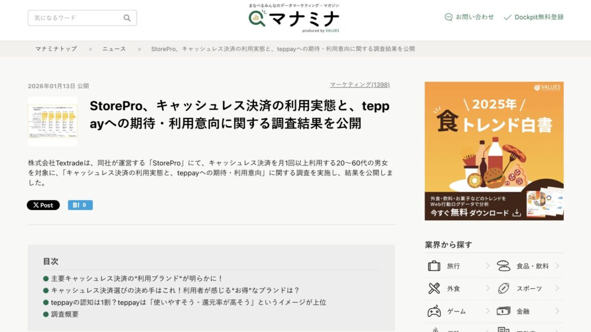 StoreProの調査リリースがマナミナに引用・掲載されました